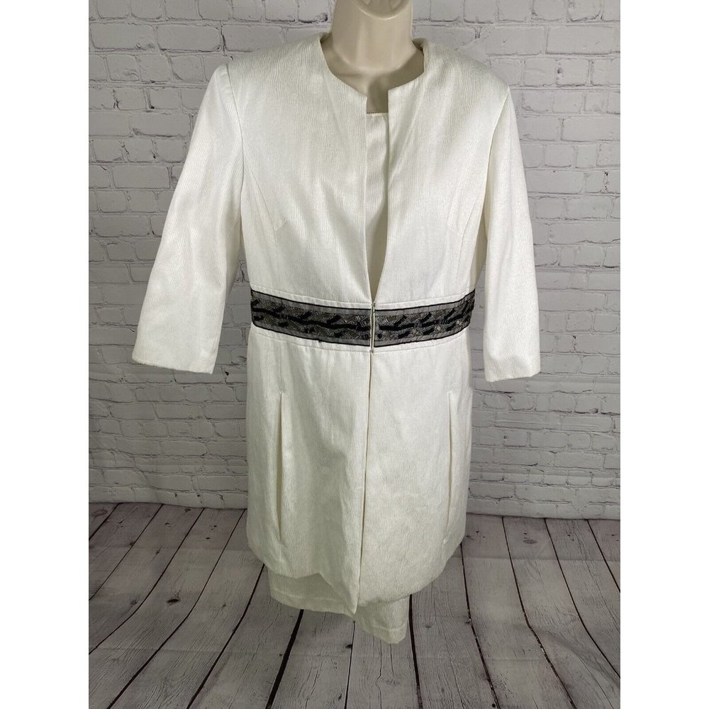 Sharagano Suits White Shift Dress Long Jacket 2 Piece Set Embroidered Beaded 12